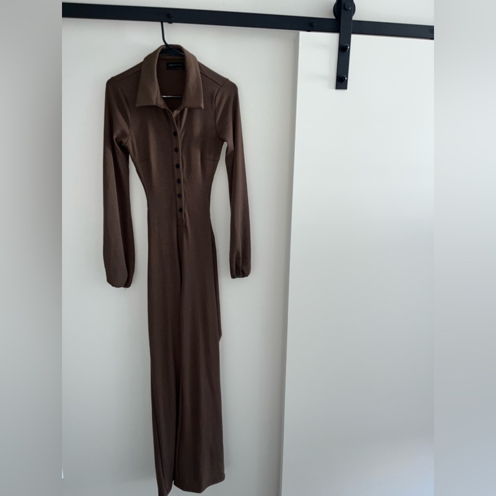 Urban Outfitters Brown Ribbed Long Sleeve Button Front Open Back Jumpsuit
